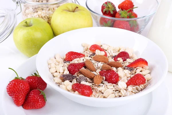 Healthy cereal with milk and fruits close up — Stock Photo, Image