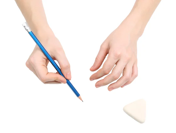 Mänskliga händer med penna och radera gummi, isolerad på vit — Stockfoto