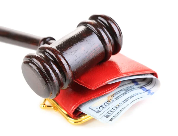 Gavel and money in wallet isolated on white — Stock Photo, Image