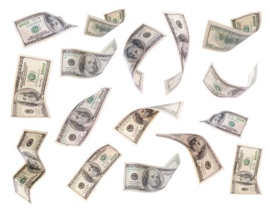 uçan dolarlık banknotlar üzerinde beyaz izole