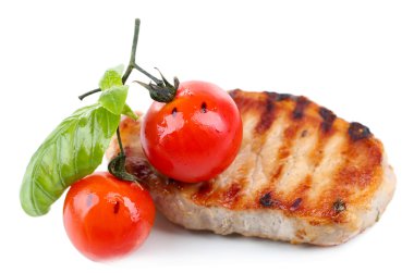 ızgara biftek ve sebzeler üzerinde beyaz izole