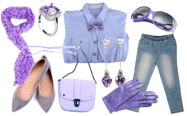 Collage de vêtements aux couleurs lilas isolés sur blanc — Photo