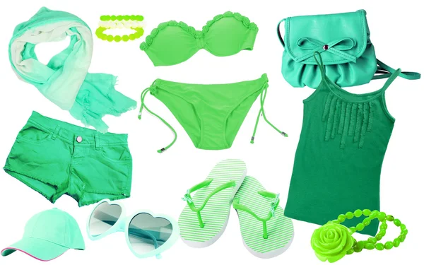 Koláž oblečení v zelených barvách izolovaných na bílém — Stock fotografie