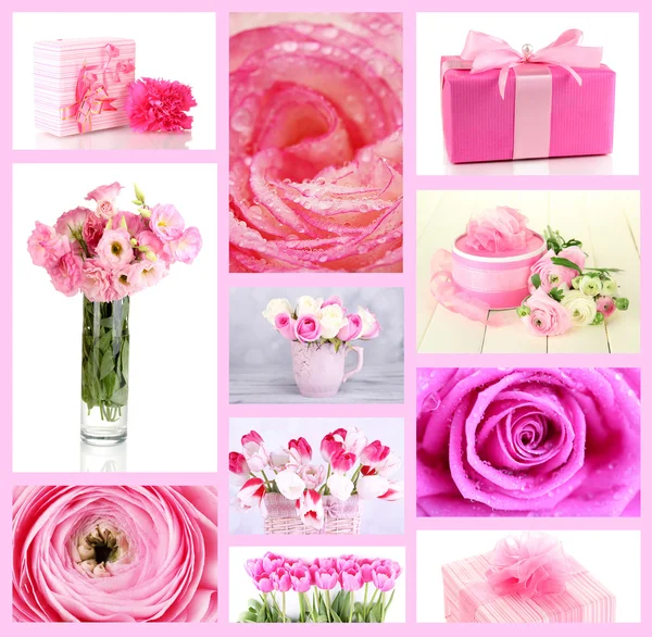 Collage of photos with flowers and gifts — Stock Photo, Image