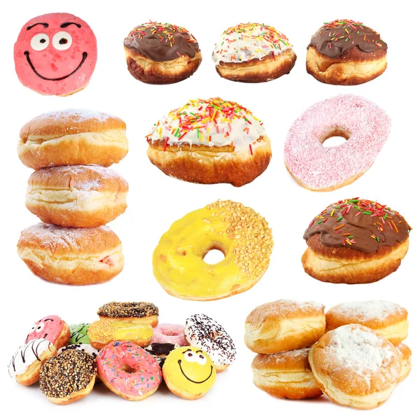 Collage aus leckeren Donuts isoliert auf weiß — Stockfoto