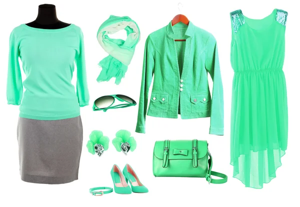 Kolaż ubrania w kolorach zielonym, na białym tle — Zdjęcie stockowe