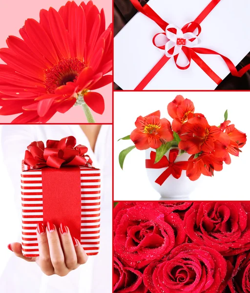 鲜花和礼物的照片拼贴 — 图库照片