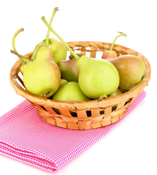 Ripe pears in basket isolated on whit — Stock Photo, Image