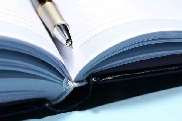 Pen on opened book, close up — Stock Photo, Image