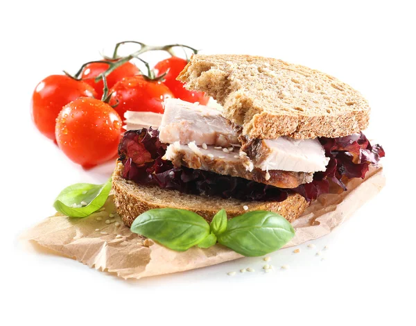 Deliciosos sándwiches con encuentro aislado en blanco — Foto de Stock