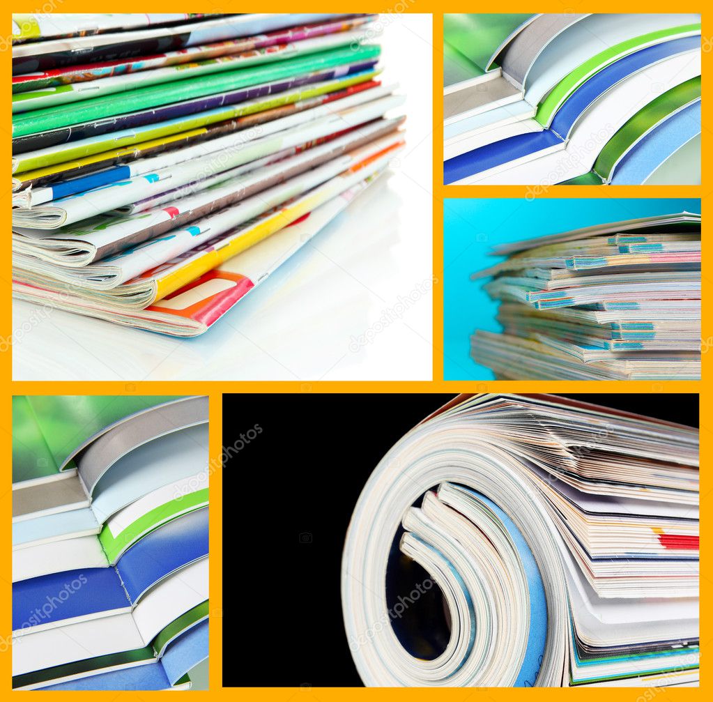 Collage of colorful magazines close-up