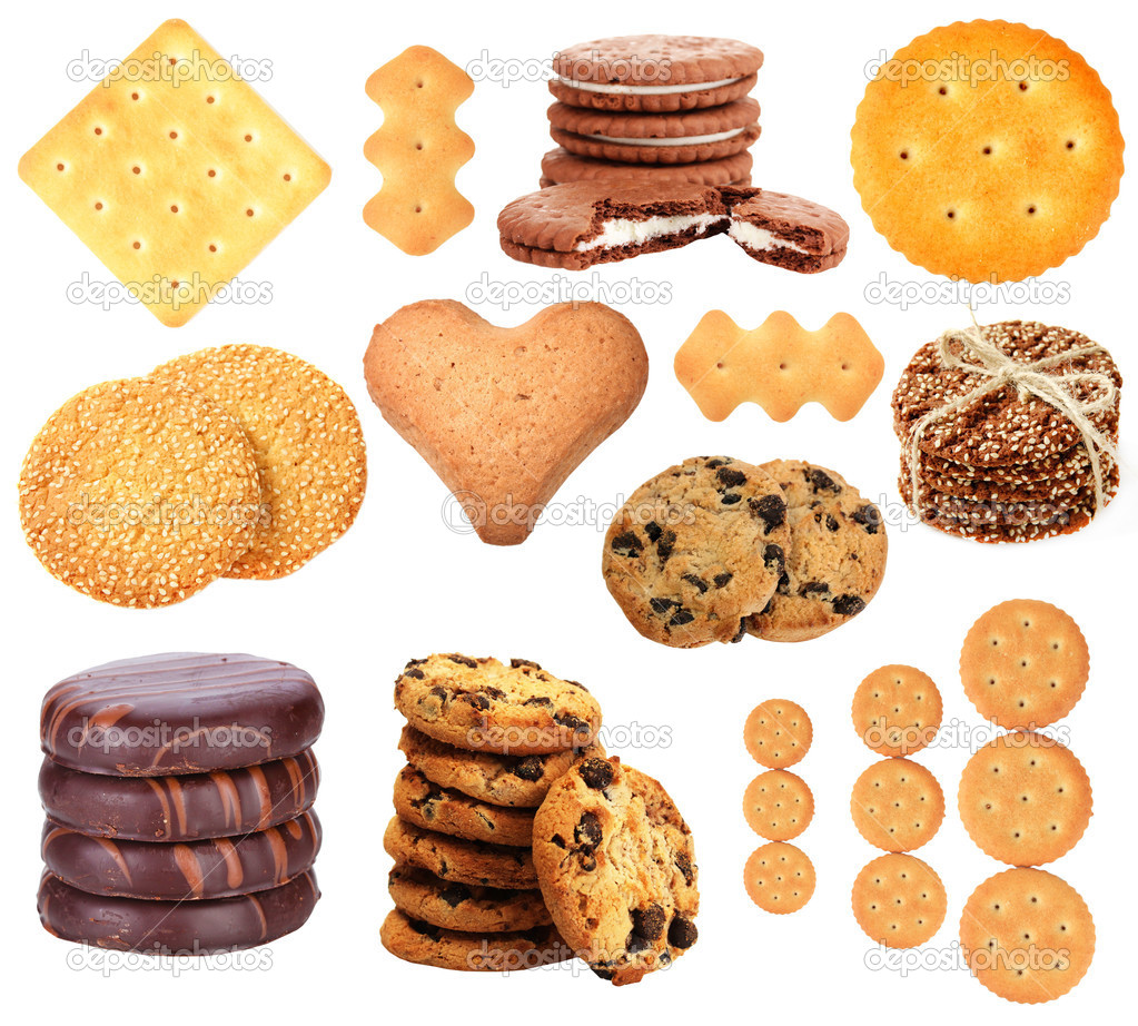 Collage of tasty cookies isolated on white