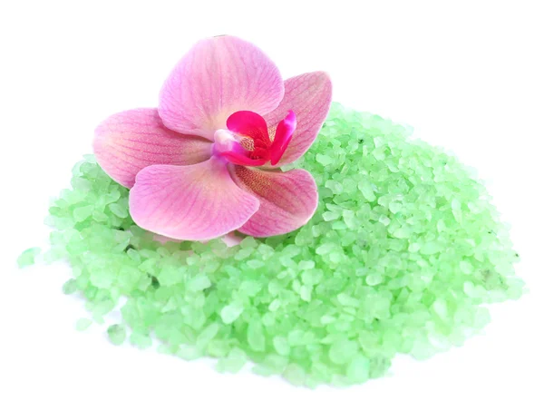 Beautiful blooming orchid flower  and heap of sea salt, isolated on white — Stock Photo, Image