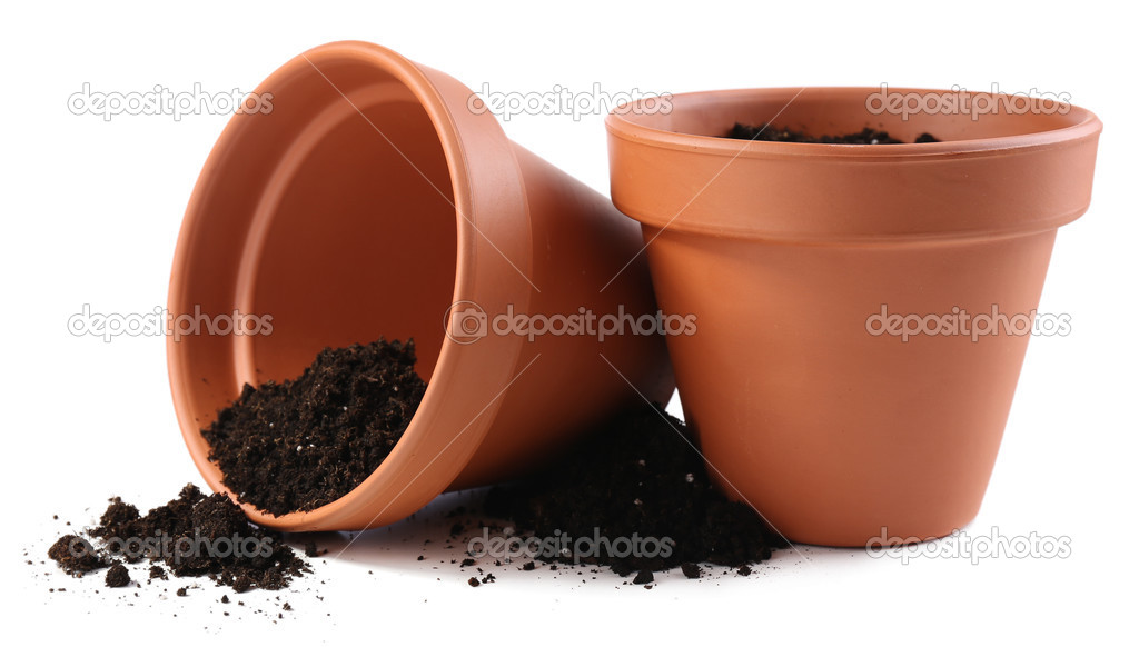 Clay flower pots with soil, isolated on white 