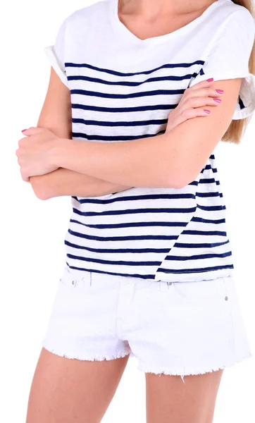 Hermosa joven en pantalones cortos y camiseta, primer plano, aislado en blanco —  Fotos de Stock