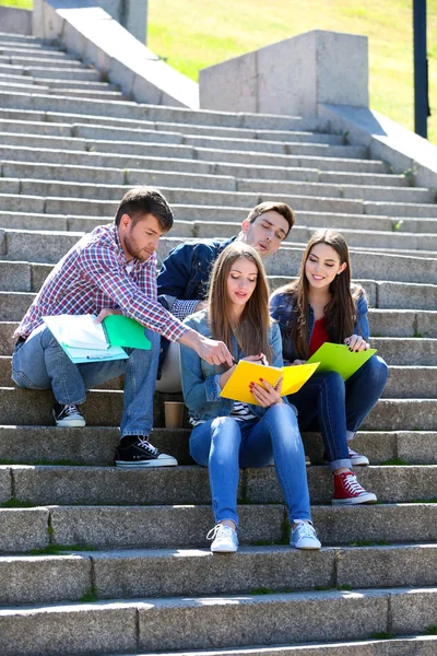 Happy students sitting on stairs in park — Stock Photo, Image