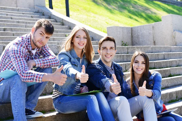 Glückliche Studenten sitzen auf Treppen im Park — Stockfoto
