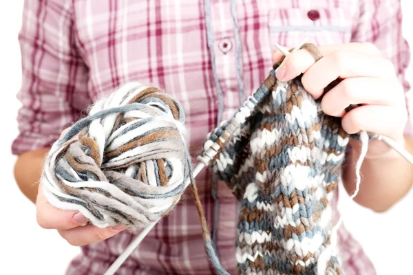 Female hands knitting with spokes close up — Stock Photo, Image