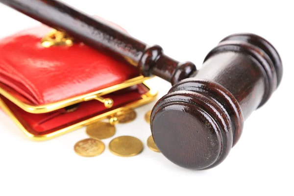 Gavel and money coins isolated on white — Stock Photo, Image