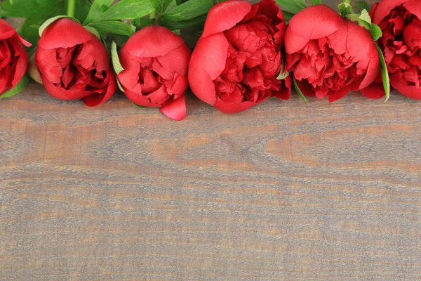 Piękne różowe piwonie na szarym tle drewniane — Zdjęcie stockowe