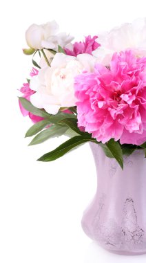 Cam Aranjman, güzel pembe ve beyaz peonies üzerinde beyaz izole