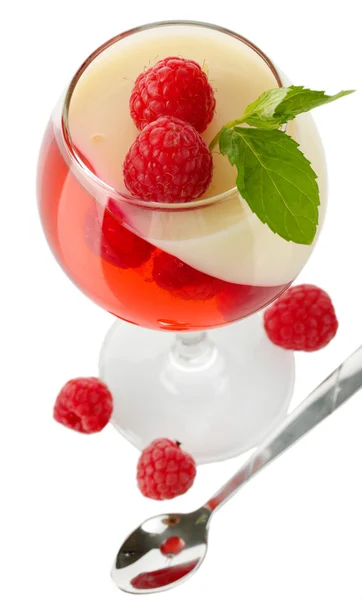 Fruit jelly with raspberries in glass isolated on white — Stock Photo, Image