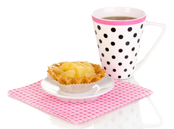 Sweet cake with cup of tea isolated on white — Stock Photo, Image