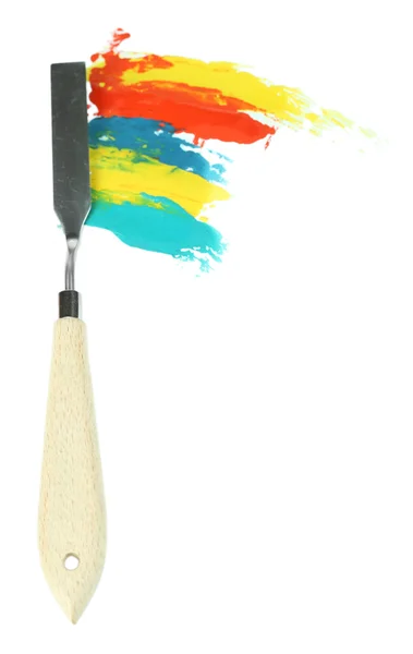 Painting palette knife with paints isolated on white — Stock Photo, Image