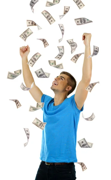 Gelukkig man genieten van regen van geld, geïsoleerd op wit — Stockfoto