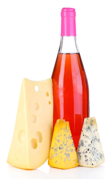 Pink wine and different kinds of cheese isolated on white — Stock Photo, Image