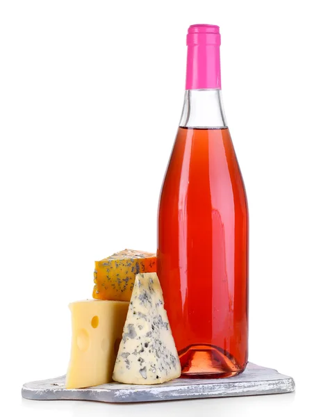 Pink wine and different kinds of cheese isolated on white — Stock Photo, Image