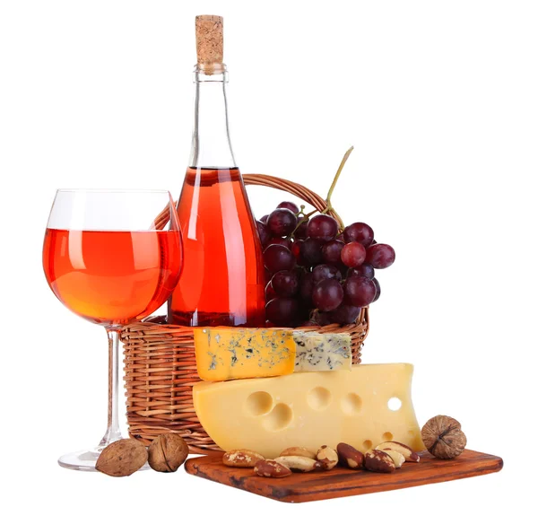 Pink wine, grapes and cheese isolated on white — Stock Photo, Image