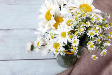güzel ahşap zemin üzerinde papatya buketi