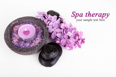 spa taşlar ve eflatun çiçekler, üzerinde beyaz izole kompozisyonu