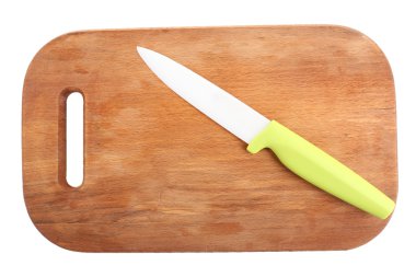 mutfak bıçağı ve üzerinde beyaz izole kesme tahtası