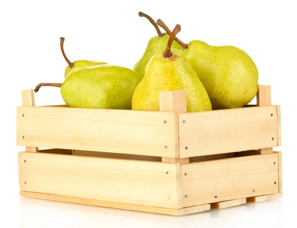 Ripe pears in wooden box isolated on white — Stock Photo, Image