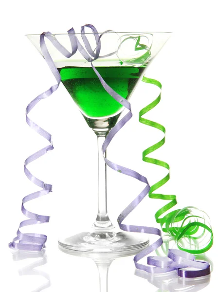 Glass of cocktail and streamer after party isolated on white — Stock Photo, Image