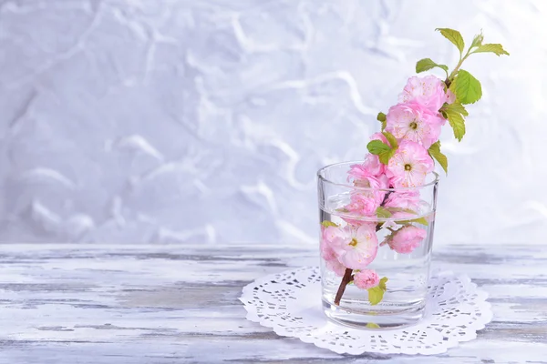 Mooie fruit blossom in glas op tafel op grijze achtergrond — Stockfoto