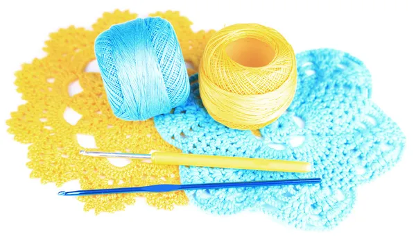 Colorful yarn for knitting with napkin and crochet hook, isolated on white — Stock Photo, Image