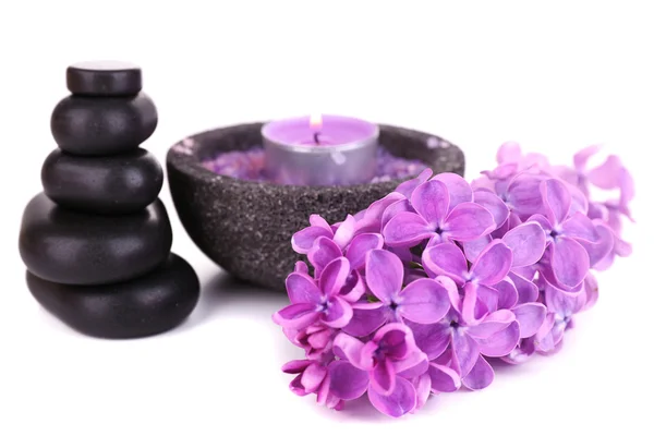 Composition with spa stones and lilac flowers, isolated on white — Stock Photo, Image