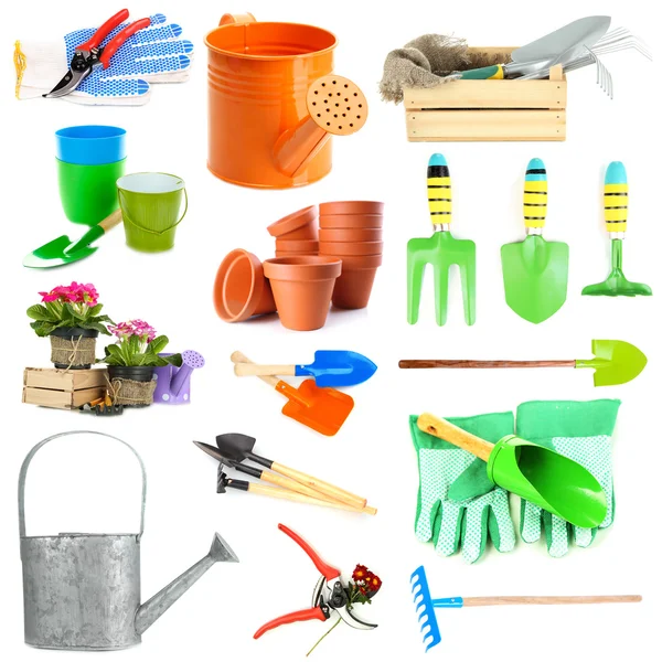 Collage of gardening tools isolated on white — Stock Photo, Image