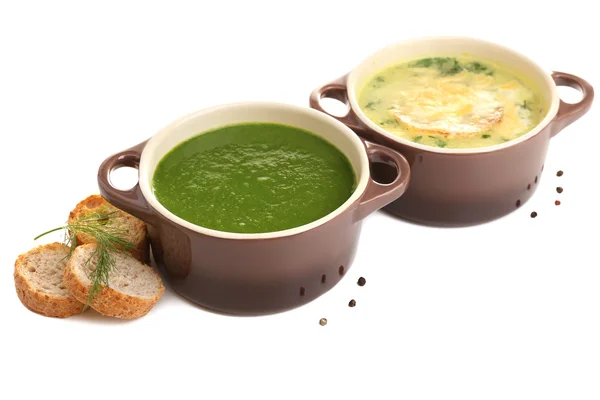 Leckere Suppe in Töpfen, isoliert auf weiß — Stockfoto