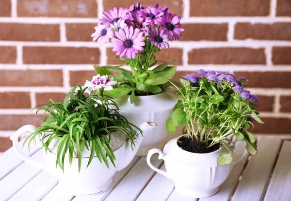 Bloemen in decoratieve potten op tafel, op bakstenen achtergrond — Stockfoto