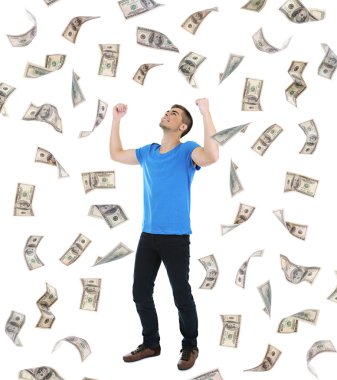 beyaz izole para yağmuru zevk mutlu bir adam,