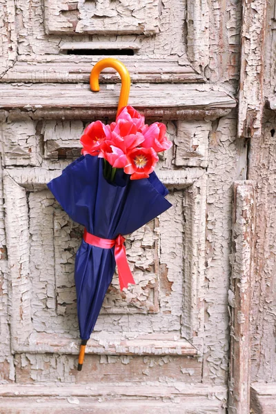 Beautiful tulips in umbrella on old wooden doors — Stock Photo, Image