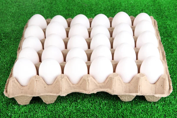 Eggs in paper tray on grass close-up — Stock Photo, Image