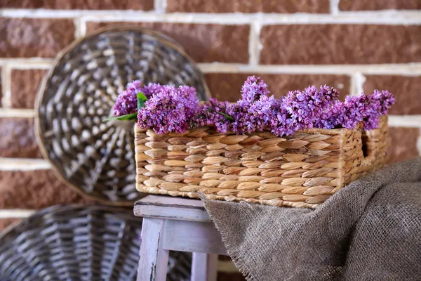 Beautiful lilac flowers in wicker basket, on wooden ladder, on color wall background — Stock Photo, Image