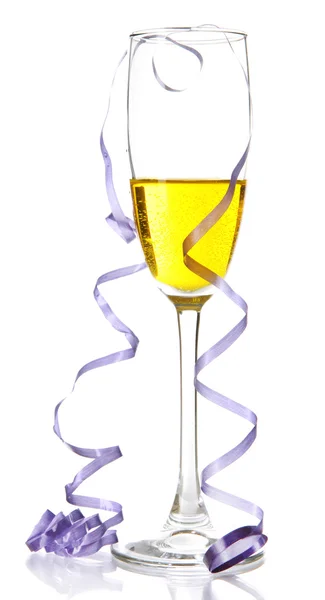 Glass of champagne and streamer after party isolated on white — Stock Photo, Image