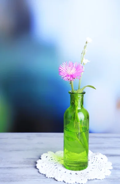 Bright wildflower in bottle on wooden table, on light background — Stock Photo, Image