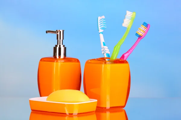 Bathroom set on blue background — Stock Photo, Image